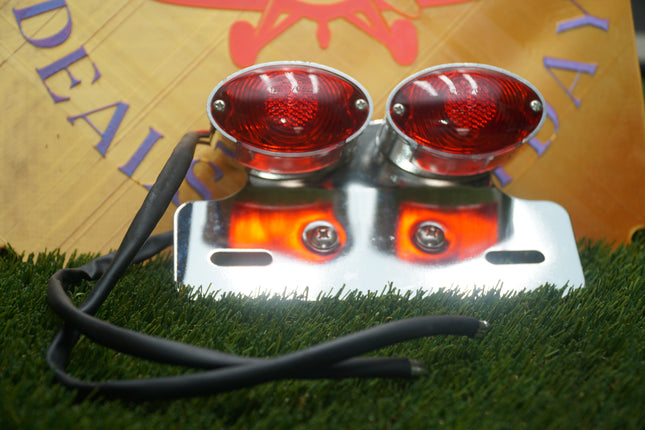 Universal Chrome Dual Cateye Motorcycle Tail Light License Plate Bracket 12V