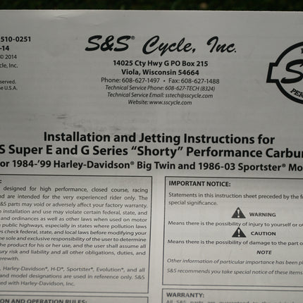 S&S Super E Carb Kit 11-0419 Harley Big Twin EVO 84-99 Sportster 86-03