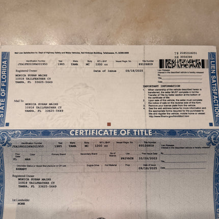 1985–2007 Yamaha VMAX 1200 VMX12 Main Frame Chassis Straight w/Title